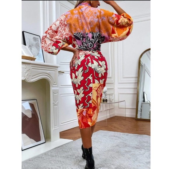 Boho floral print  V neck batwing sleeve dress - Picture 3 of 5